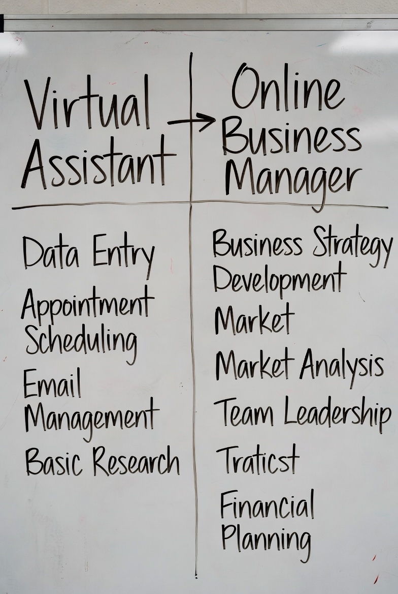 Comparison chart showing the differences between Virtual Assistant tasks and Online Business Manager strategy for entrepreneurs.